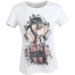 ALMTRACHT T-shirt ladies dachshund with hat, white 1
