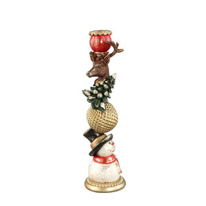 Yuki red poly reindeer candle holder with snowman 1