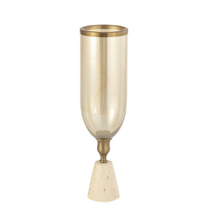 Tadh Brass Glass Hurricane Lamp Travertine Base Round L 3