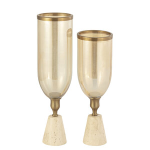 Tadh Brass Glass Storm Lamp Travertine Base Round S 2