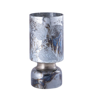 Navanah Blue glass storm lamp with leaf engraving round L 1