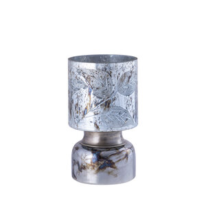 Navanah Blue Glass Hurricane Lamp with Leaf Etching Round S 1