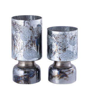 Navanah Blue Glass Hurricane Lamp with Leaf Etching Round S 4