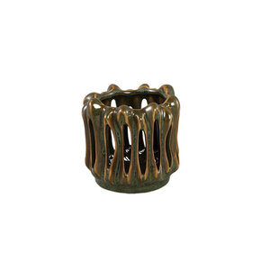 Luci dark green ceramic tealight holder open ribbed round 1