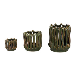 Luci dark green ceramic tealight holder open ribbed round 3
