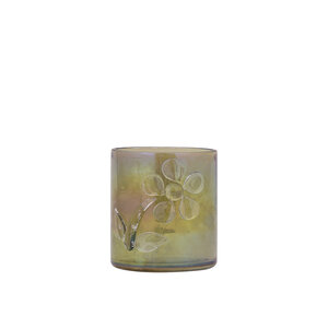 Allya Green round glass tealight holder with flower 1