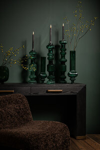 Galinda candle holder made of dark green ribbed glass L 4