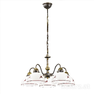 Luster NONNA, Altmessing, Hirsch Rot D 57 cm, Höhe 100 cm, min. Höhe 45 cm, max. Höhe 35 cm, 5 flg., E27, 60 W